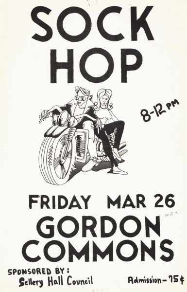 Poster promoting a sock hop held on the University of Wisconsin-Madison campus at Gordon Commons. Features a man and woman on a motorcycle.