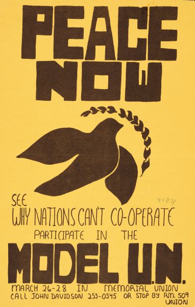 Poster advertising the Model United Nations at the University of Wisconsin-Madison. Features a dove with an olive branch as a symbol of peace.