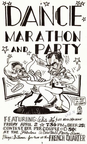 Poster advertising a dance marathon and party held in the Witte Hall Party Room on the University of Wisconsin-Madison campus. Features caricatured figures of President and Mrs. Nixon dancing.