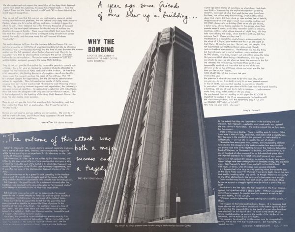 A special issue of the <i>Madison Kaleidoscope</i> which features poetry and an article about the bombing of the Army Mathematics Research Center located in Sterling Hall on the University of Wisconsin-Madison campus. Features a photograph of the WARF Building, another home of the Army's Mathematics Research Center.