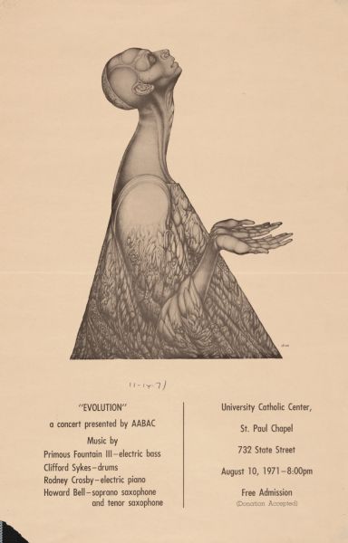 Poster advertising "Evolution, a concert presented by AABAC." The concert was held at the University Catholic Center on the University of Wisconsin-Madison campus. Features an other-world like creature with its head back and palms raised.