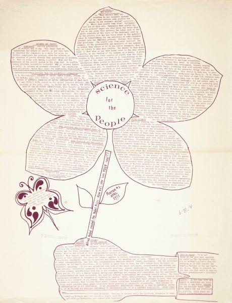 Poster advertising the role of science in society. Features a butterfly, and a hand holding a flower, with text filling the interior of the design.