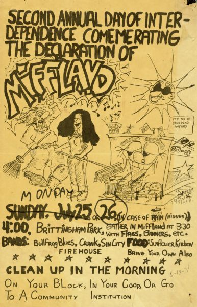 Poster advertising the "Second Annual Day of Interdependence Comemerating [sic] the Declaration of Miffland." Features a caricatured Mifflin Co-op and two human figures.