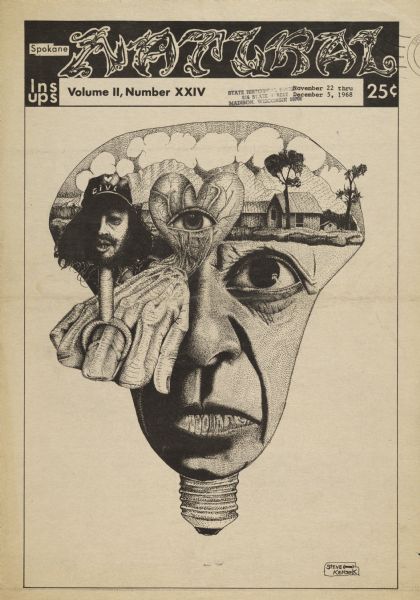 Cover of "Spokane Natural," an underground newspaper, depicting lightbulb form, comprised of a man's face, a landscape, and other elements. "lns, ups" in upper left stands for Underground Press Syndicate and Liberation News Service.