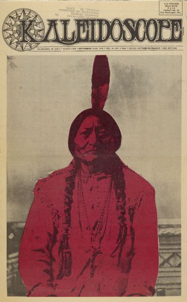 Cover of "Kaleidoscope," an underground newspaper, featuring a photograph of Native American Chief Sitting Bull, highlighted with red.