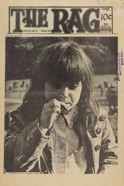 Cover of "The Rag." an underground newspaper, featuring a photograph of a young-looking girl smoking a marijuana joint.