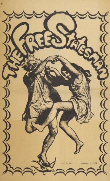 Cover of "The Free Statesman," an underground newspaper, depicting a clown figure dancing with a woman, and standing on top of a dove.