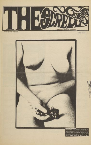 Cover of "The Screw," an underground newspaper, featuring the naked torso of a woman, holding a pipe in her lap. Caption at the bottom reads, "Warning-to avoid danger of suffocation, keep away from babies and children. Do not use in cribs, beds, carriages or play pens. This bag is not a toy."