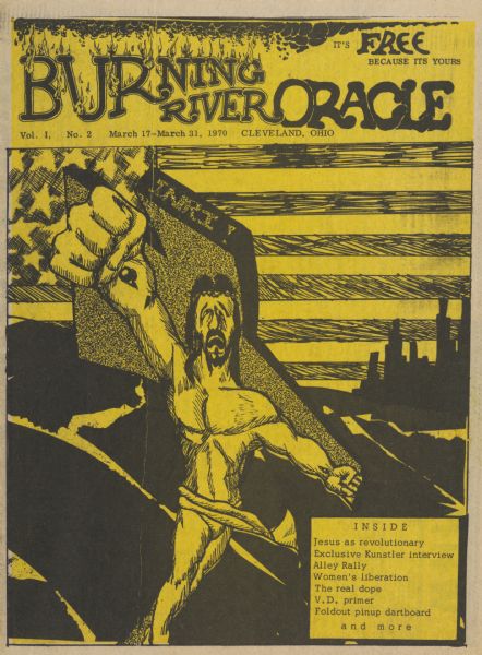 Cover of "Burning River Oracle," a free underground newspaper, featuring a drawing of Jesus Christ crucified in front of the silhouette of an urban landscape with the American flag filling the sky.