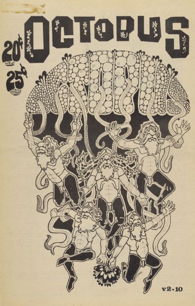 Cover of "Octopus," an underground newspaper, featuring five bearded men being restrained by octopus tentacles, reminiscent of the Roman statue of the Laocoön.