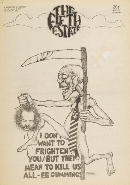 Cover of "The Fifth Estate," an underground newspaper, featuring a grim reaper figure wearing an American flag-patterned tie, and holding a man's severed head. A quote under the main figure's leg reads, "I don't want to frighten you / but they mean to kill us all. -ee cummings."