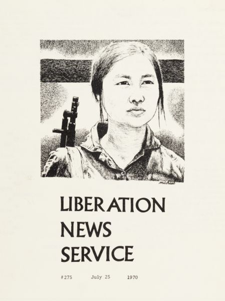 Cover of "Liberation News Service," an underground news bulletin, featuring a Vietnamese woman carrying a firearm on her shoulder.