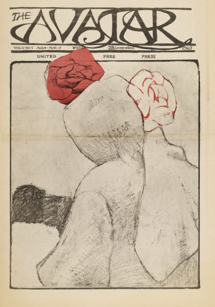Cover of "The Avatar," an underground newspaper, featuring a charcoal drawing of a woman, facing away, with a pack over her shoulder and a white and red flower on her head.