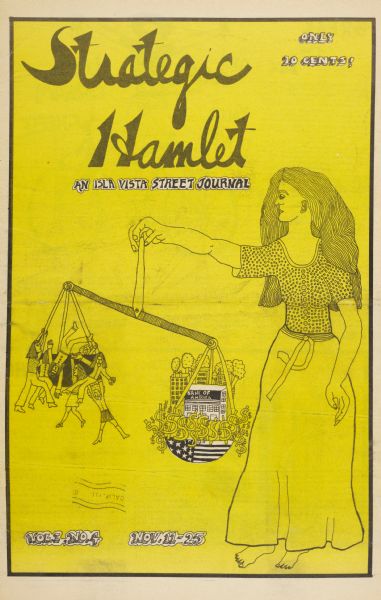 Cover of "Strategic Hamlet: An Isla Vista Street Journal," an underground newspaper, featuring a woman as Justice balancing the Bank of America and a group of dollar signs against a group of people.