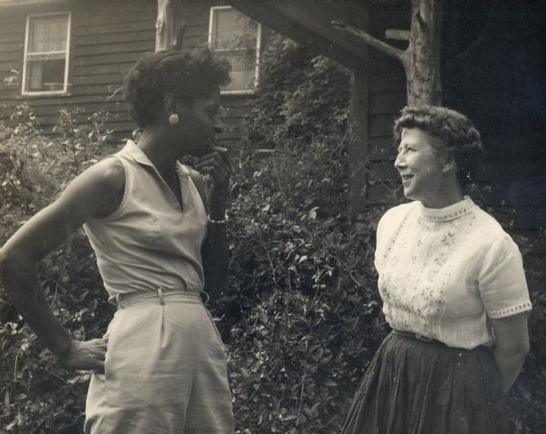 Alice Cobb (right) and Bernice Robinson (left), in front of the main school building.