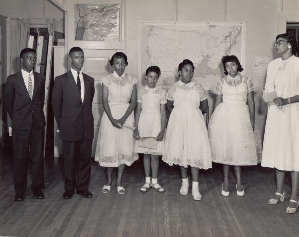 Portrait of six unidentified high school students, with their teacher, at Highlander Folk School.