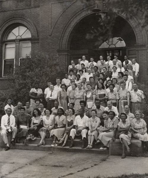 Race Relations Institute, Fisk University.  Highlander Folk School members participated in Film Center work conducted at the Institute. Extreme right on first standing row, Herman Long, director of the Institute.
