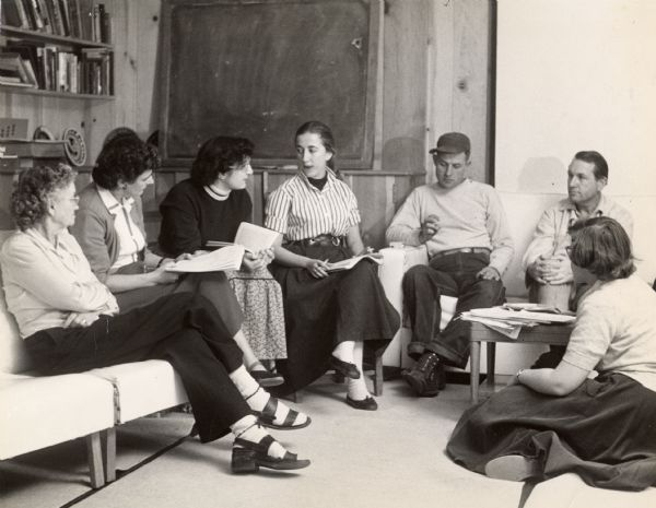 Public Community meeting at Horton House: Mom Horton, extreme left; Julia Maybee, next to her; J.D. Marlowe, a neighbor, third from right with cap on, Myles Horton, second from right.