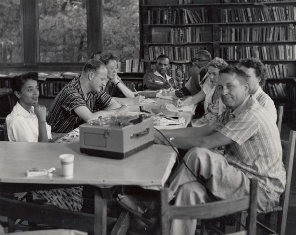 Public and Human Relations workshop at Highlander Library: second from left, Bill van Guill; on right, Myles Horton; third from left, Catherine Winston; behind Myles, Myra Page.