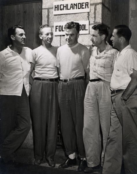Five men posing at a workers session at Highlander: second from left, Southern Regional director; second from right, Myles Horton.