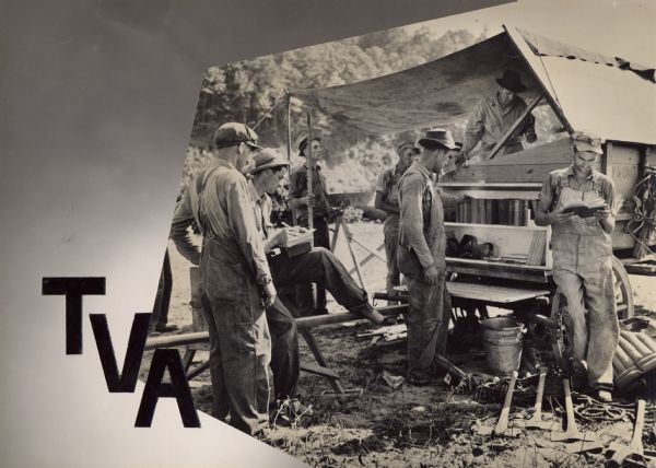 A group of manual laborers are reading books near a tent. "TVA" [Tennessee Valley Authority] has been collaged over the image. Part of a series of Highlander photomontages from the film center.