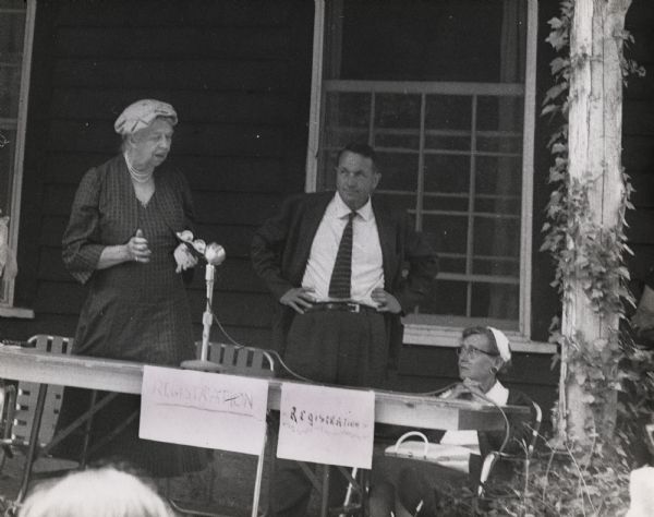 Eleanor Roosevelt, Myles Horton, and May Justus at the 25th anniversary of Highlander Folk School.