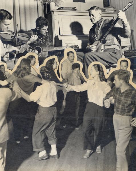 Photomontage of musicians playing their instruments, with people square dancing beneath. Ike Church is playing the banjo in the upper right, and J.D. Marlowe is at top center.