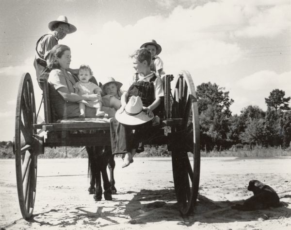 An unidentified farming family sitting in a wagon, with a dog in the shadow of the wheel and a horse's legs visible in front.