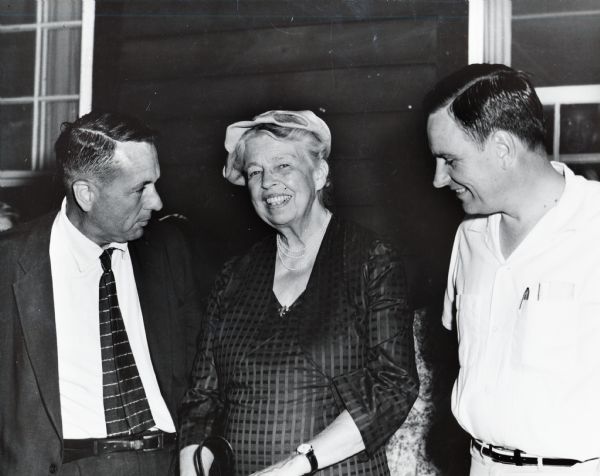 Myles Horton, Eleanor Roosevelt, and Jim Stokely, a writer from Newport, Tennessee. Highlander integration workshop.