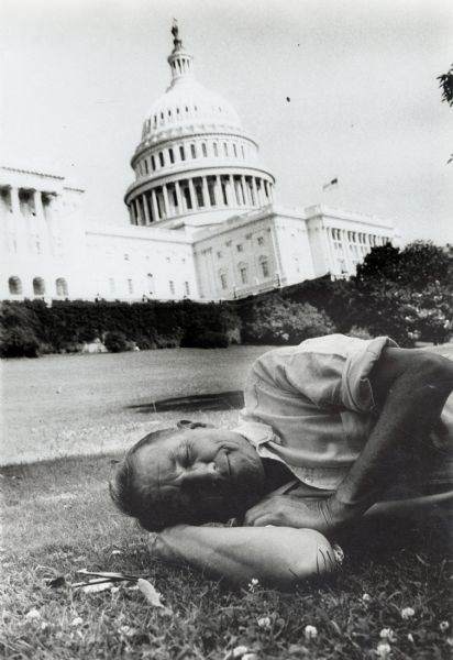 Myles Horton dreaming under the National Capitol building during the Poor People's Campaign.