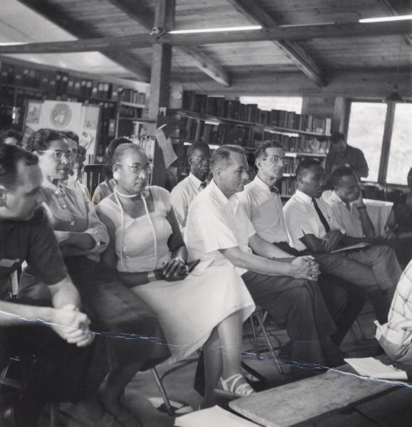 25th Anniversary event in the Highlander Folk School Library.  Pictured are Rosa Parks, Myles Horton, Aubrey Williams, and Martin Luther King, Jr. among others.