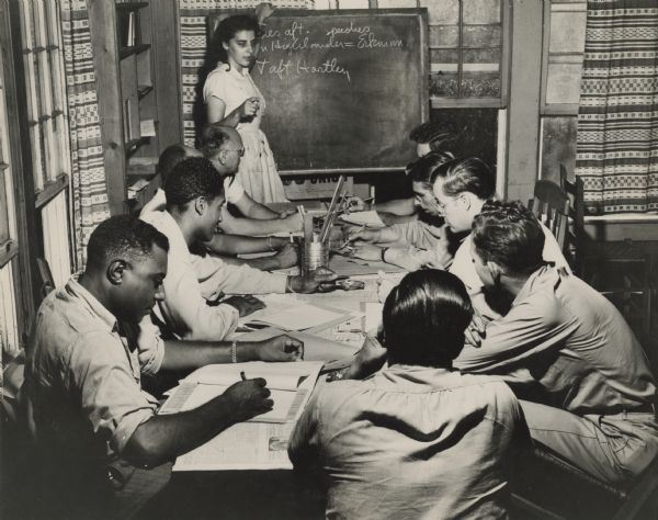 A young woman teaching a labor class at Highlander Folk School.