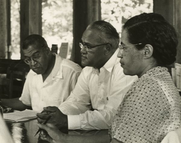 Dr. C.H. Paris, Fred Patterson, and Mrs. Rosa Parks attending a Segregation Workshop at Highlander Folk School.
