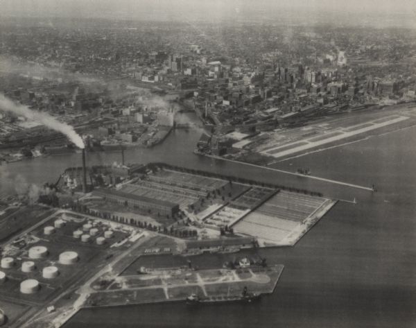 Aerial view of Jones Island and garbage disposal plant.