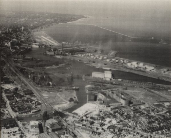 Harbor area of Jones Island and garbage disposal plant, Stratton Grain Co., and more.