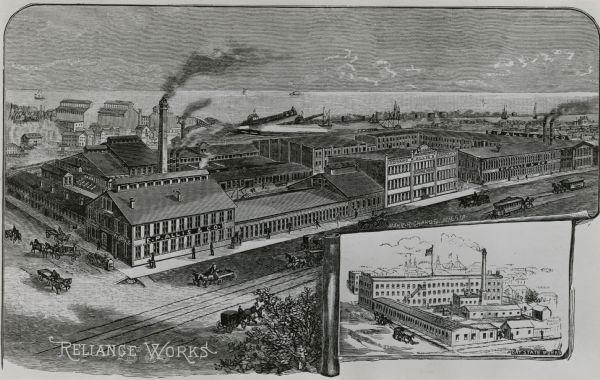 Etched print of factory with inset of Bay State Works in lower right corner.  Lake with ships in background, with busy, buggy covered roads in foreground.  Later known as Allis and Chalmers Manufacturing Co.