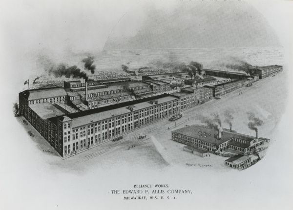 Main factory with South Foundry in lower left.  Lake Michigan is in the background. Later the Allis-Chalmers Manufacturing Co.