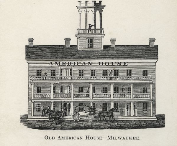 Building with three levels, a porch and two balconies across the front of the house, a roof, and a man with a telescope in a belvedere in the center of the roof.  There is a horse-drawn cart with driver, a horse and cart, and several people on the various porch levels.