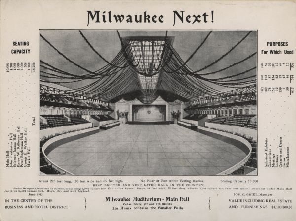 Advertisement for Auditorium with capacity information (total 15,700), purposes (Exhibitions, Conventions, Meetings, Lectures, Concerts, Dances, Circus, etc.), location (Cedar, State, 5th and 6th Streets), size (length, width and height of main hall with square footage of each space in the hall), description, value at time of creation, and Manager (Jos. C. Grieb).  Entitled "Milwaukee Next!"  Also includes date of June 1913.