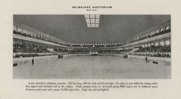 Main hall with description of location.  Hall was 225 feet long, 100 feet wide and 65 feet high.  Also gives basement size under main hall (36,000 square feet), and additional booth sizes (total of 8800 square feet).