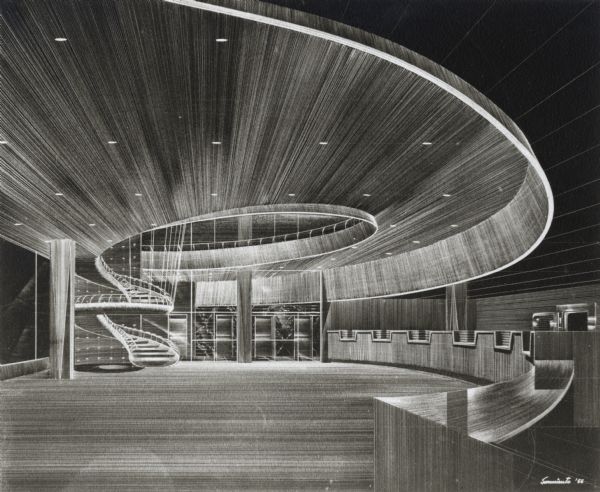 Drawing of the interior lobby.  Proposed building image.  Architects are Bank Building Corporation.