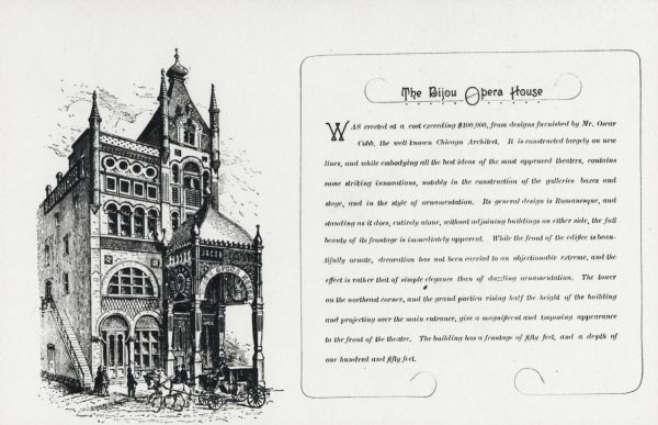 Souvenir Booklet made for the opening night of August 19, 1889.  Half of the image is the opera house, and the other half is a brief summary and description of the house. The manager was Mr. Jacob Litt.
