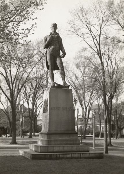 Statue created in honor of Robert Burns. Located in what is known as Burns Square,  between Prospect & Farwell Avenues at Knapp Street.