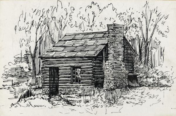 Ink drawing of a cabin in the woods. Cabin has one door and one window visible, as well as a stone chimney.