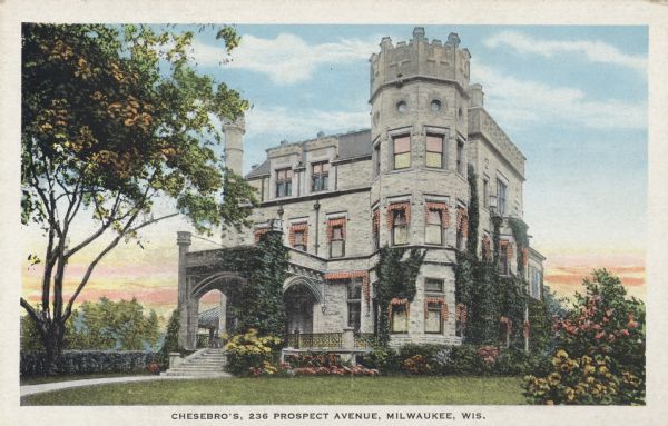 A tea shop and a women's apparel shop, located at 236 Prospect Avenue.  The building has a corner turret, a front porch, and vines growing up the sides. Caption reads: "Chesebro's, 236 Prospect Avenue, Milwaukee, Wis."