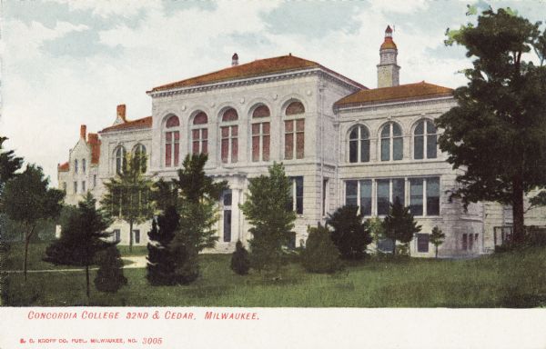 View across lawn toward the building at 32nd & Cedar Streets. Caption reads: "Concordia College 32nd & Cedar, Milwaukee."
