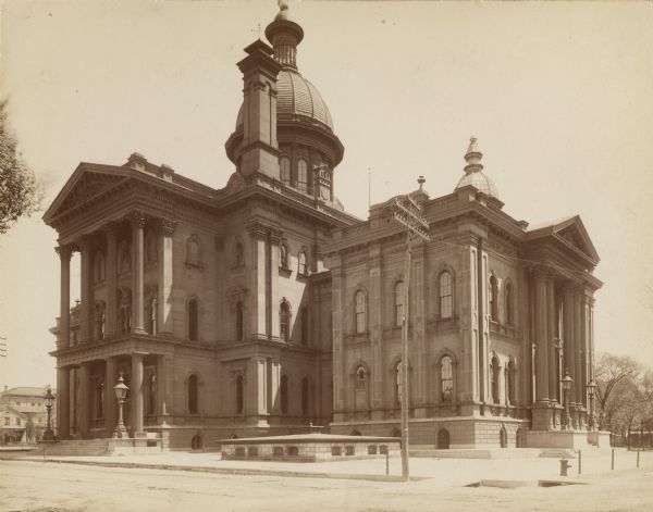 View from street of courthouse on street corner.