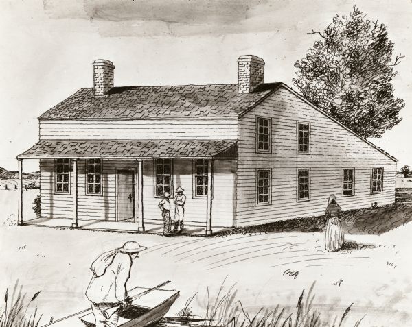 Drawing of a two-story building with a roof that slopes down to one story in the back. Two men are on the porch talking, a third is coming off a boat from the shoreline with a rifle and a sack over his left shoulder, and a woman is on the right, with her back to the viewer.