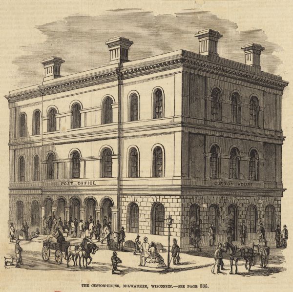 Clipping from a newspaper or magazine.  Building on a corner with a Post Office sign on left side of building, Custom House sign on the right side.  Horse-drawn carts, various people, and a dog are on the sidewalk and street.