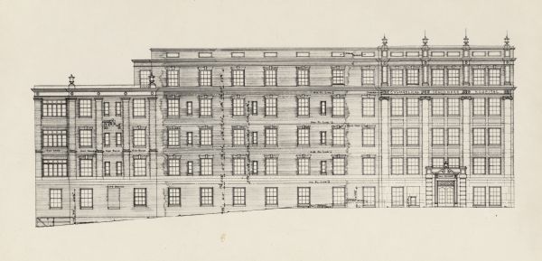 Architect's drawing of the front elevation. Labels of certain parts are written in the image, as well as dimensions.  Building has five levels.